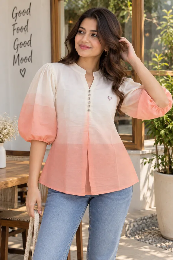Women_Peach_&_Off_White_Ombre_Puff_Sleeve_Casual_Top