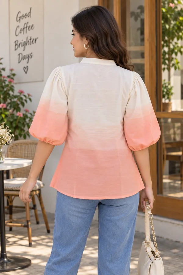 Women_Peach_&_Off_White_Ombre_Puff_Sleeve_Casual_Top