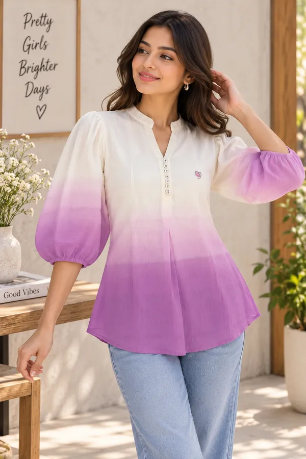 Women_White_&_Lavender_Ombre_Puff_Sleeve_Casual_Top