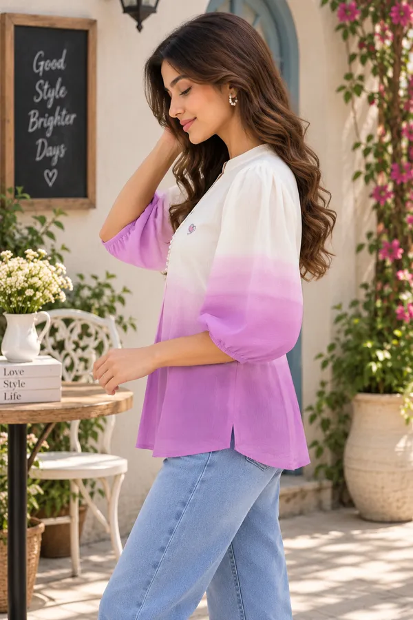 Women_White_&_Lavender_Ombre_Puff_Sleeve_Casual_Top