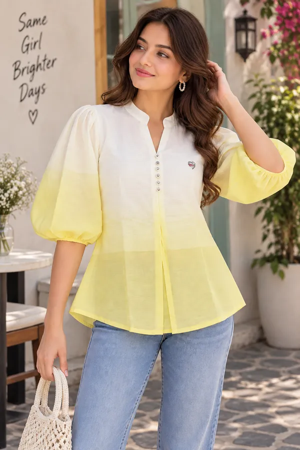 Women_White_&_Yellow_Ombre_Puff_Sleeve_Casual_Top