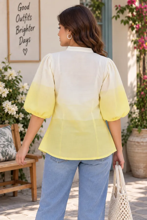 Women_White_&_Yellow_Ombre_Puff_Sleeve_Casual_Top