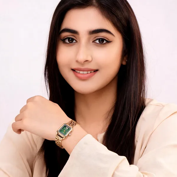 Gold_Tone_Green_Dial_Rectangular_Bracelet_Watch_For_Women