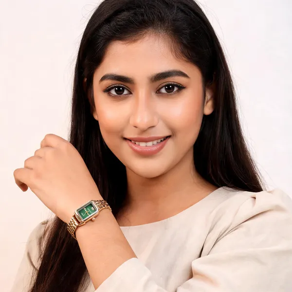 Gold_Tone_Green_Dial_Rectangular_Bracelet_Watch_For_Women