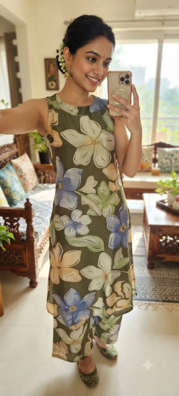Olive_Green_Soft_Silk_Floral_Print_Sleeveless_Kurta_Set_For_Women