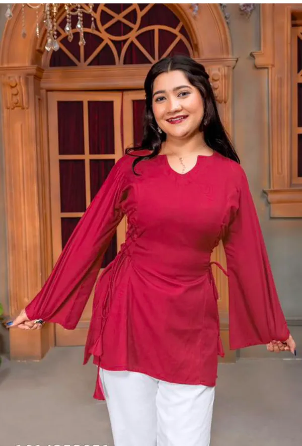 Magenta_Viscose_Rayon_Tie-Waist_Tunic_Top_For_Women