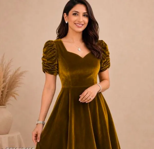 Olive_Green_Green_Velvet_Fit_And_Flare_Dress_For_Women