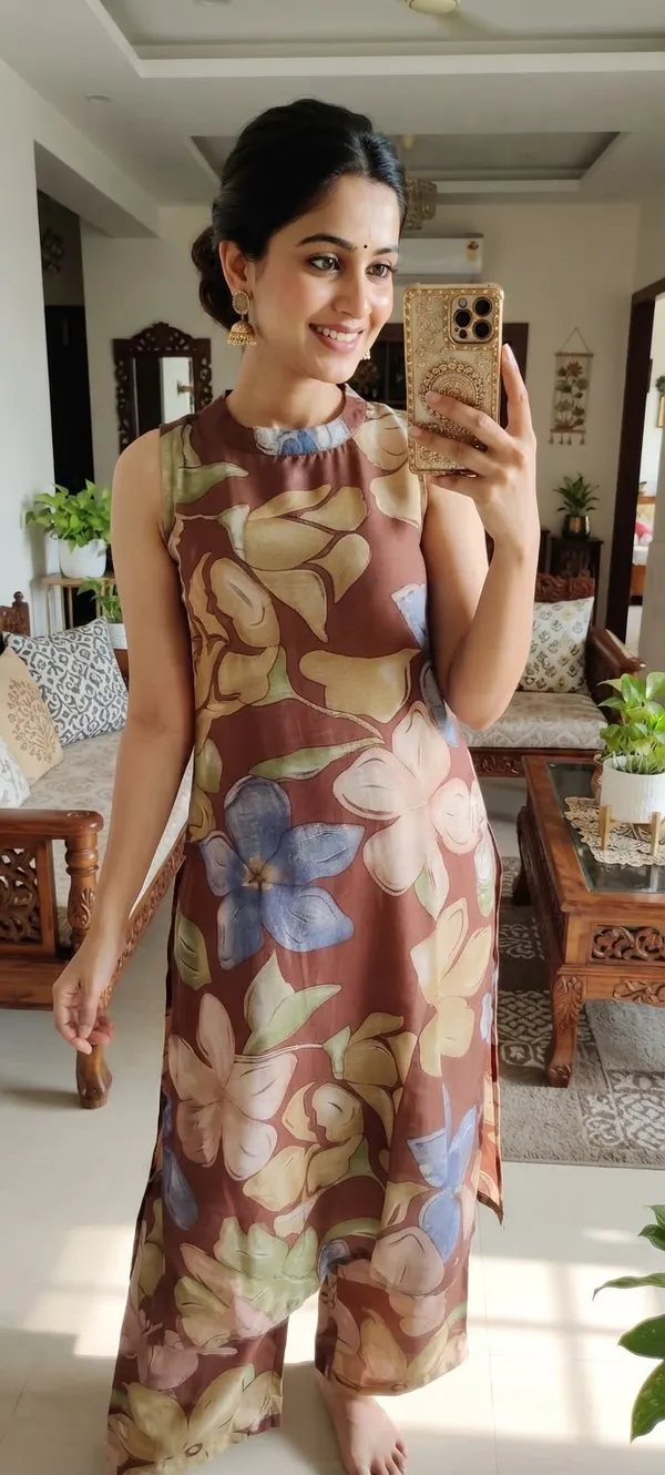 Brown_Soft_Silk_Floral_Print_Sleeveless_Kurta_Set_For_Women