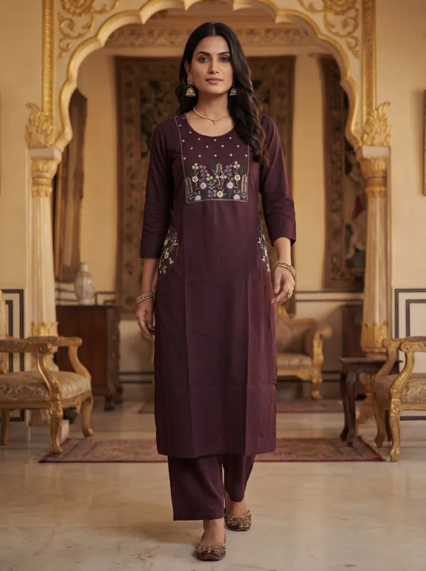 Brown_Viscose_Rayon_Straight_Embroidered_Kurta_Set_For_Women