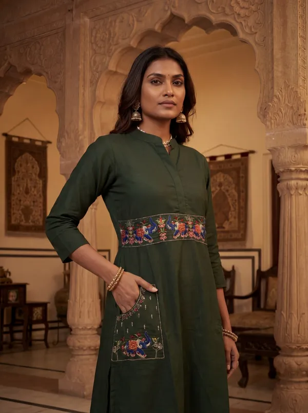 Dark_Green_Viscose_Rayon_Embroidered_Straight_Kurta_Set_For_Women