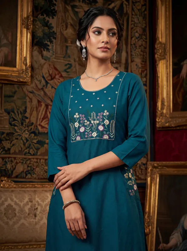 Teal_Viscose_Rayon_Embroidered_Straight_Kurta_Set_For_Women