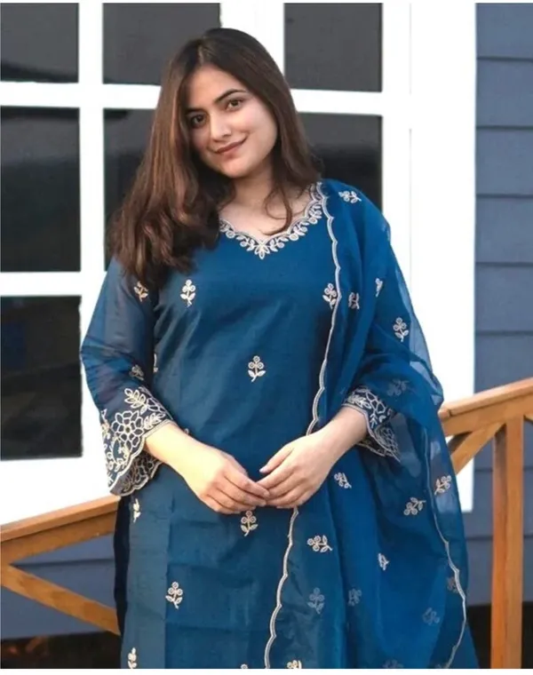 Teal_Viscose_Rayon_Embroidered_Straight_Kurta_Set_For_Women