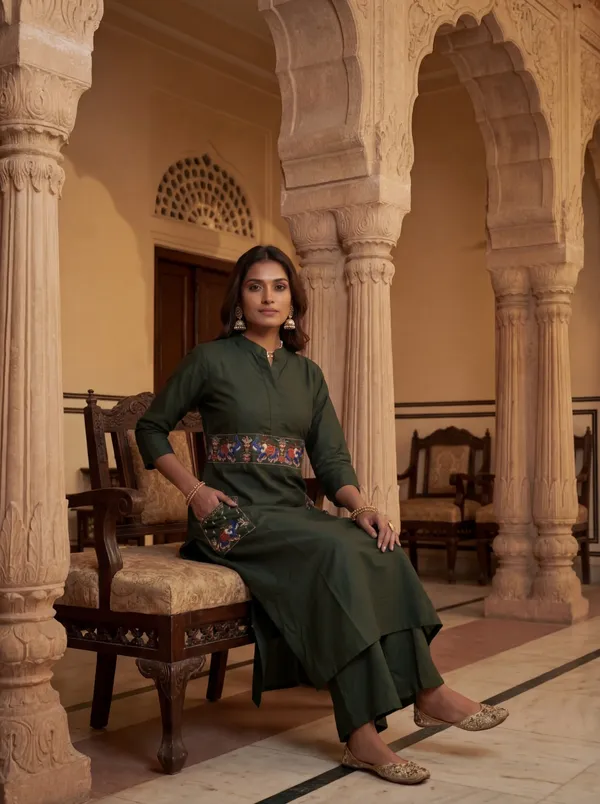 Dark_Green_Viscose_Rayon_Embroidered_Straight_Kurta_Set_For_Women