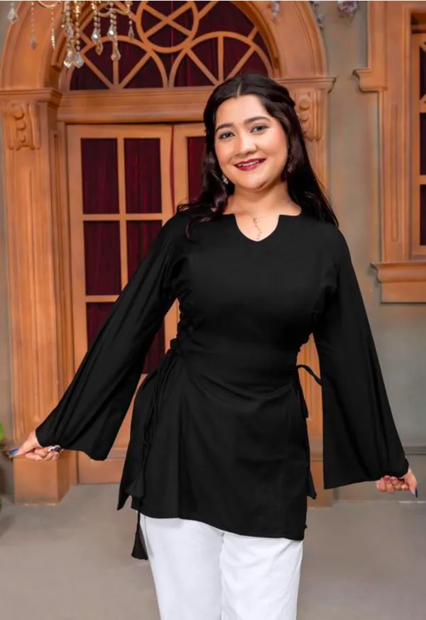 Black_Viscose_Rayon_Flared_Sleeve_Tunic_Top_For_Women