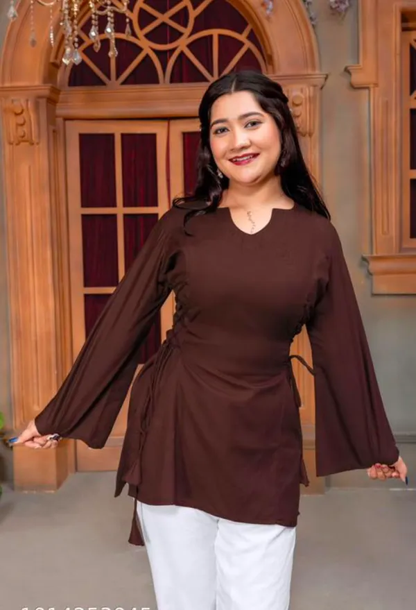 Brown_Viscose_Rayon_Ruched_Flared_Sleeve_Tunic_Top_For_Women