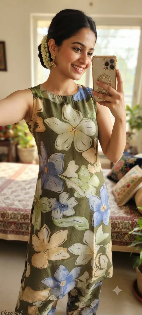 Olive_Green_Soft_Silk_Floral_Print_Sleeveless_Kurta_Set_For_Women