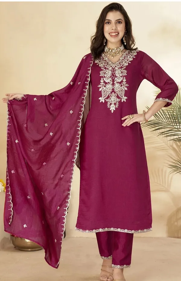 Rani_Pink_Vichitra_Silk_Embroidered_Straight_Kurta_Set_For_Women