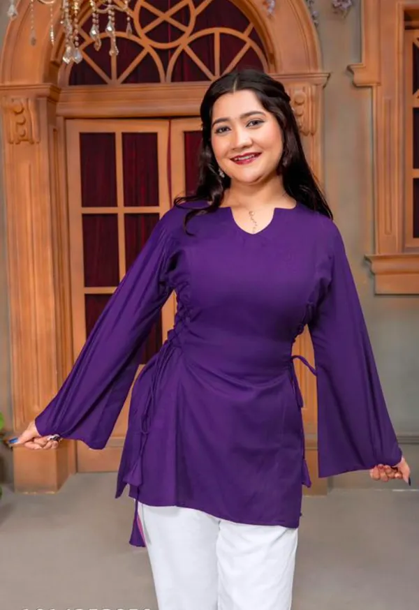 Purple_Viscose_Rayon_Ruched_Flared_Sleeve_Tunic_Top_For_Women