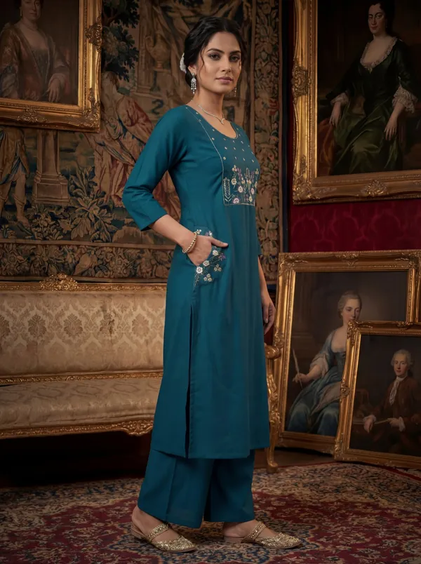 Teal_Viscose_Rayon_Embroidered_Straight_Kurta_Set_For_Women