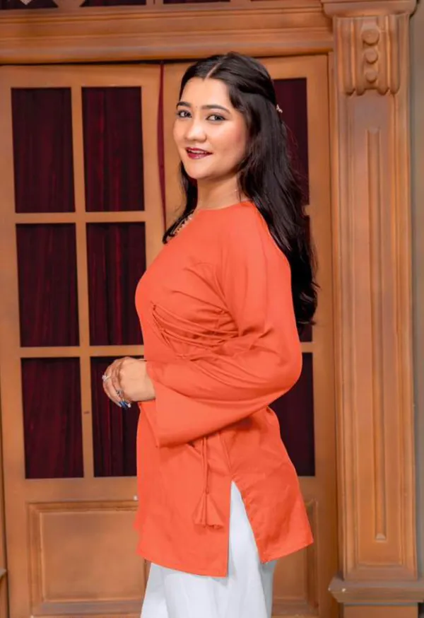 Orange_Viscose_Rayon_Drawstring_Flared_Sleeve_Tunic_Top_For_Women
