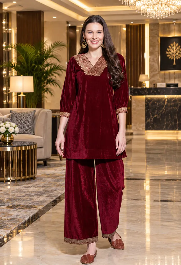 Maroon__Women_Beautiful_Velvet_Kurta_With_Bottomwear_For_Women