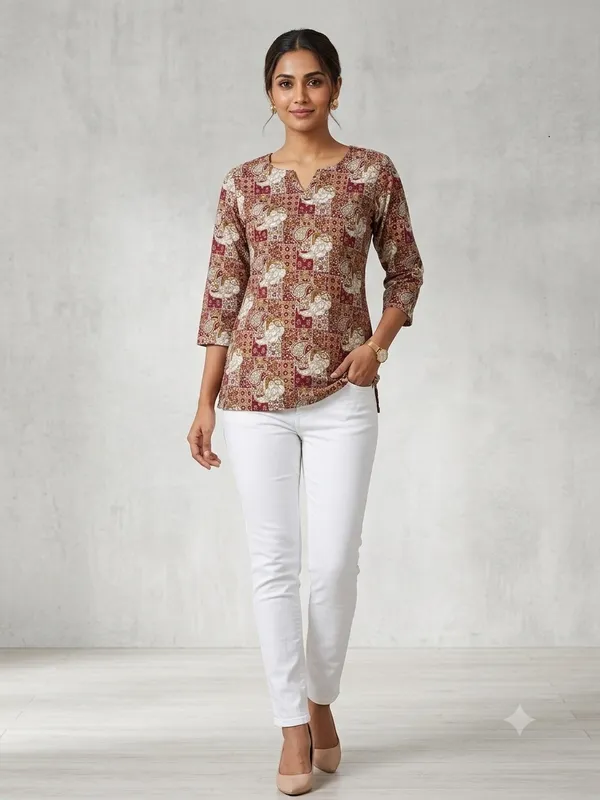 Maroon_Soft_Silk_Straight_Fit_Tunic_Top_For_Women