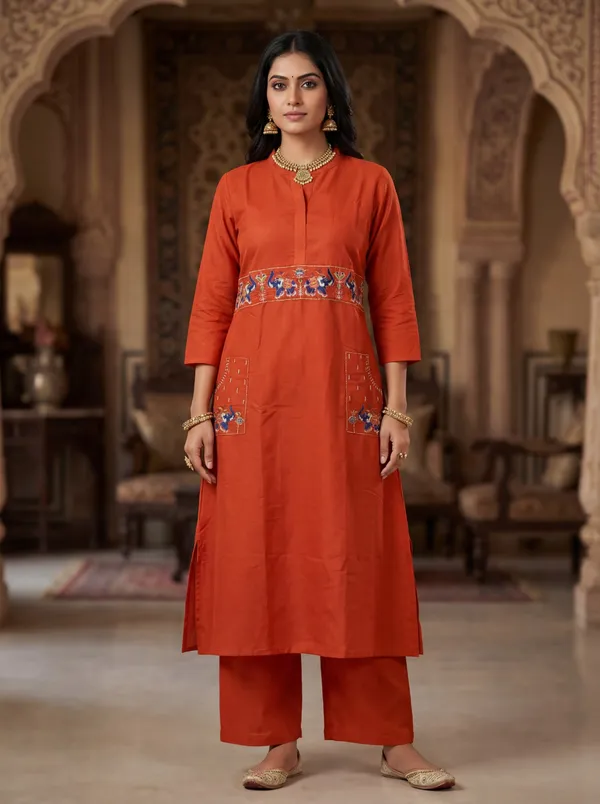 Orange_Viscose_Rayon_Straight_Embroidered_Kurta_Set_For_Women