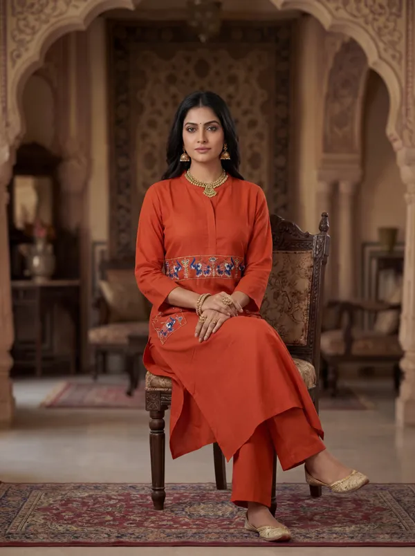 Orange_Viscose_Rayon_Straight_Embroidered_Kurta_Set_For_Women