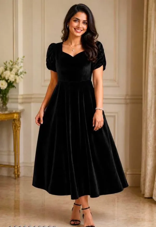 Black_Velvet_Puff_Sleeve_Fit_And_Flare_Dress_For_Women