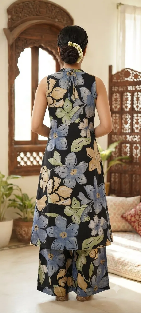Black_Soft_Silk_Floral_Print_Sleeveless_Jumpsuit_For_Women