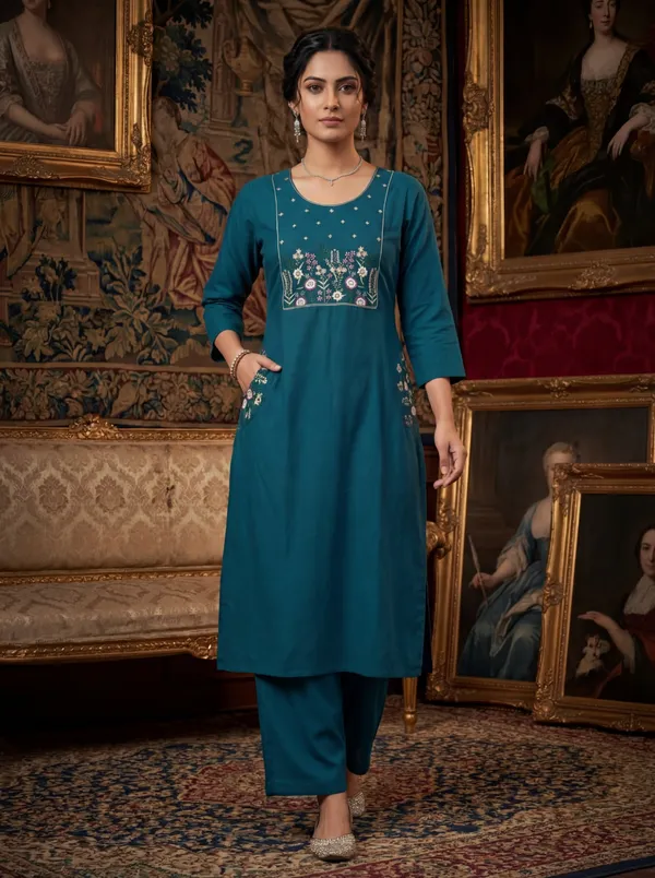 Teal_Viscose_Rayon_Embroidered_Straight_Kurta_Set_For_Women