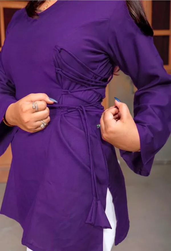Purple_Viscose_Rayon_Ruched_Flared_Sleeve_Tunic_Top_For_Women