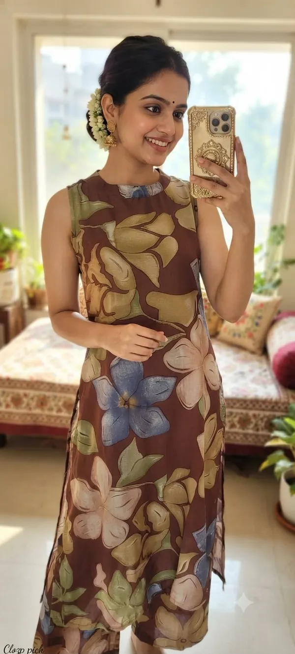 Brown_Soft_Silk_Floral_Print_Sleeveless_Kurta_Set_For_Women