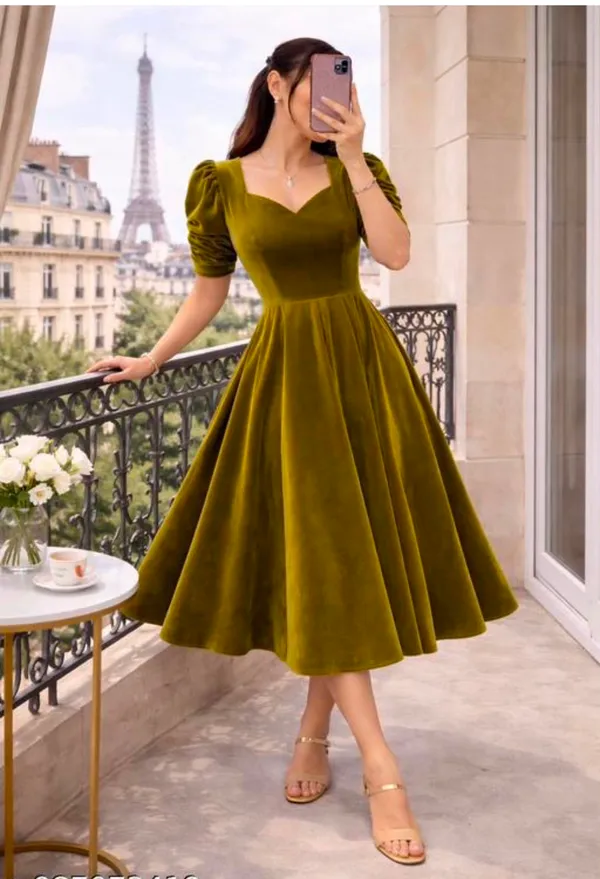 Olive_Green_Green_Velvet_Fit_And_Flare_Dress_For_Women