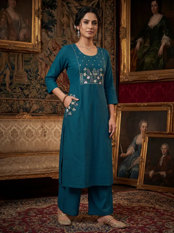 Teal_Viscose_Rayon_Embroidered_Straight_Kurta_Set_For_Women