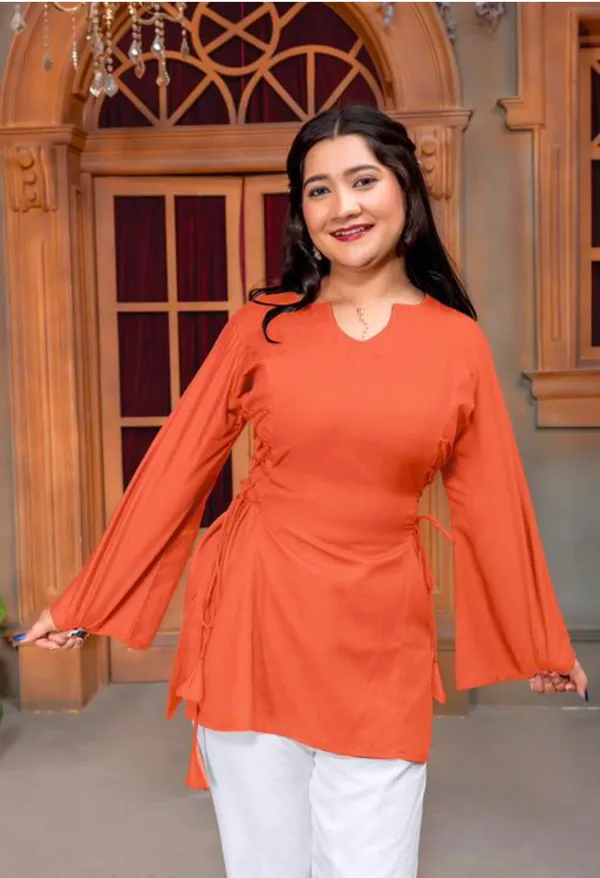 Orange_Viscose_Rayon_Drawstring_Flared_Sleeve_Tunic_Top_For_Women