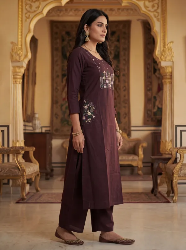 Brown_Viscose_Rayon_Straight_Embroidered_Kurta_Set_For_Women