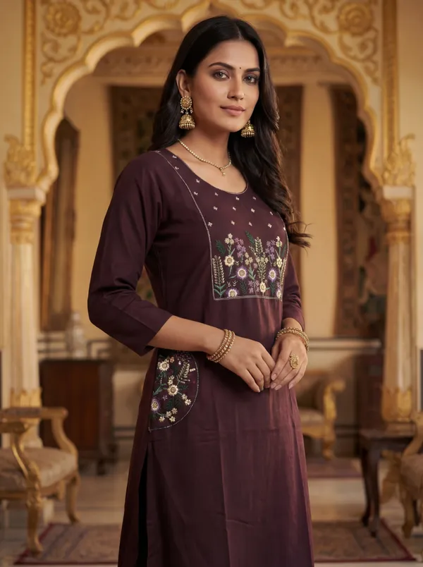 Brown_Viscose_Rayon_Straight_Embroidered_Kurta_Set_For_Women