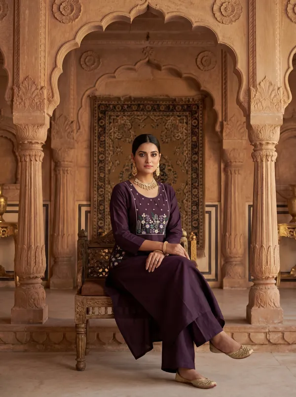 Brown_Viscose_Rayon_Straight_Embroidered_Kurta_Set_For_Women