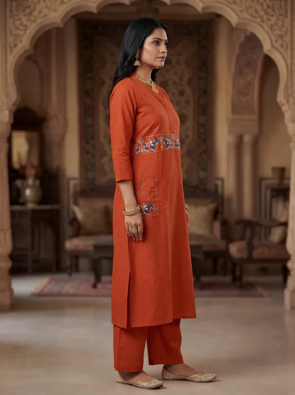Orange_Viscose_Rayon_Straight_Embroidered_Kurta_Set_For_Women
