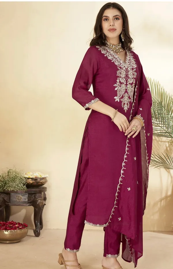 Rani_Pink_Vichitra_Silk_Embroidered_Straight_Kurta_Set_For_Women