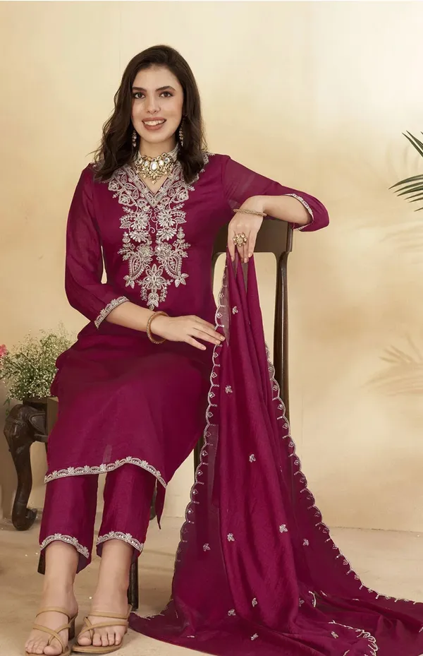 Rani_Pink_Vichitra_Silk_Embroidered_Straight_Kurta_Set_For_Women