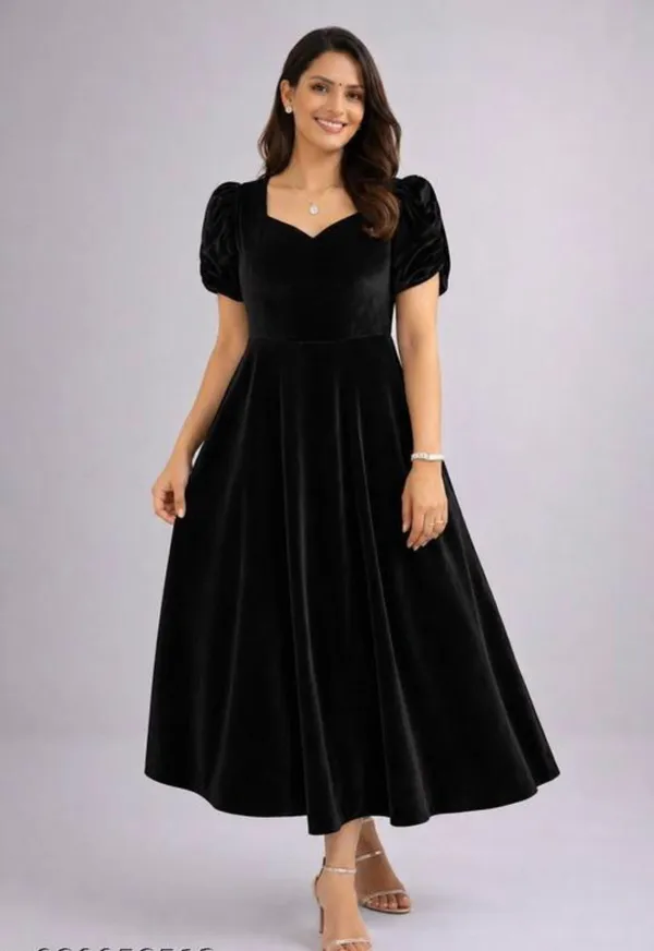 Black_Velvet_Puff_Sleeve_Fit_And_Flare_Dress_For_Women