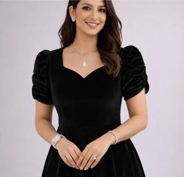 Black_Velvet_Puff_Sleeve_Fit_And_Flare_Dress_For_Women