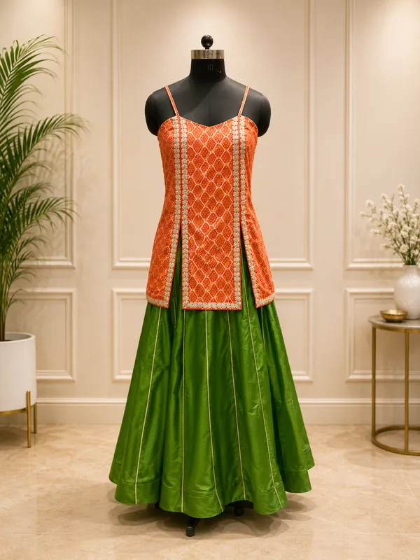 Orange_Printed_Sleeveless_Lehenga_Set_For_Women