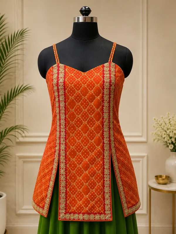 Orange_Embroidered_Sleeveless_Lehenga_Set_For_Women