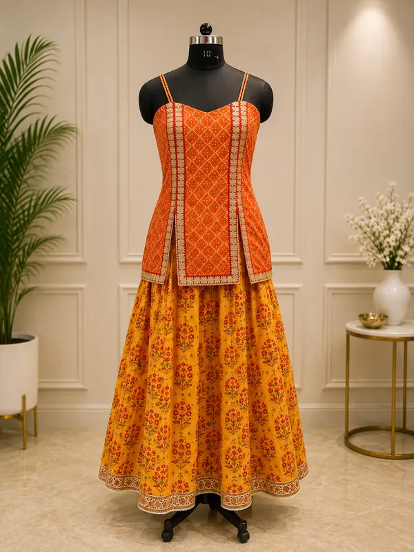 Orange_Embroidered_Sleeveless_Lehenga_Set_For_Women