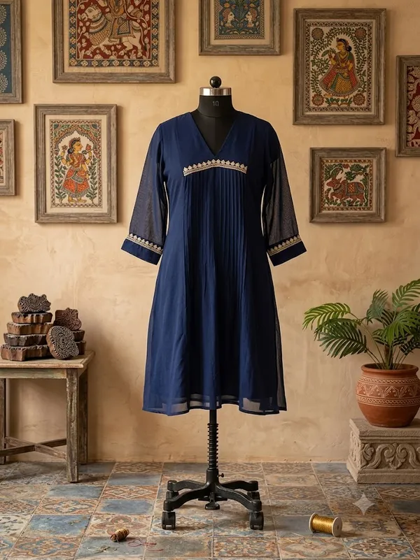 Navy_Pleated_Flared_Dress_For_Women