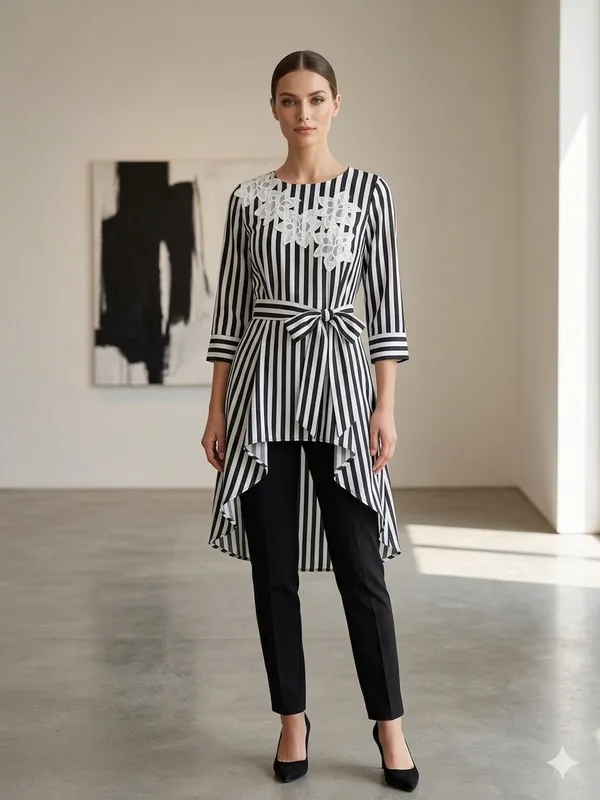Black_Striped_Tie_Waist_Tunic_For_Women