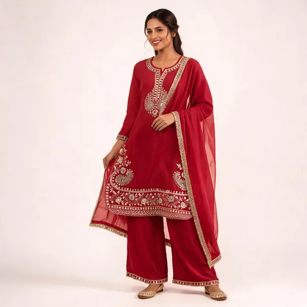 Red_Embroidered_Straight_Fit_Suit_Set_For_Women